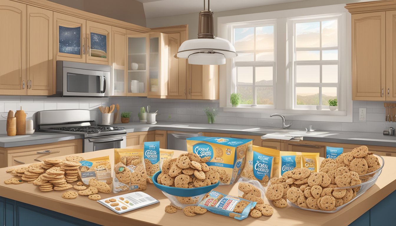 A box of Cookie Crisp cereal sits on a kitchen counter, surrounded by various expiration date labels and a calendar