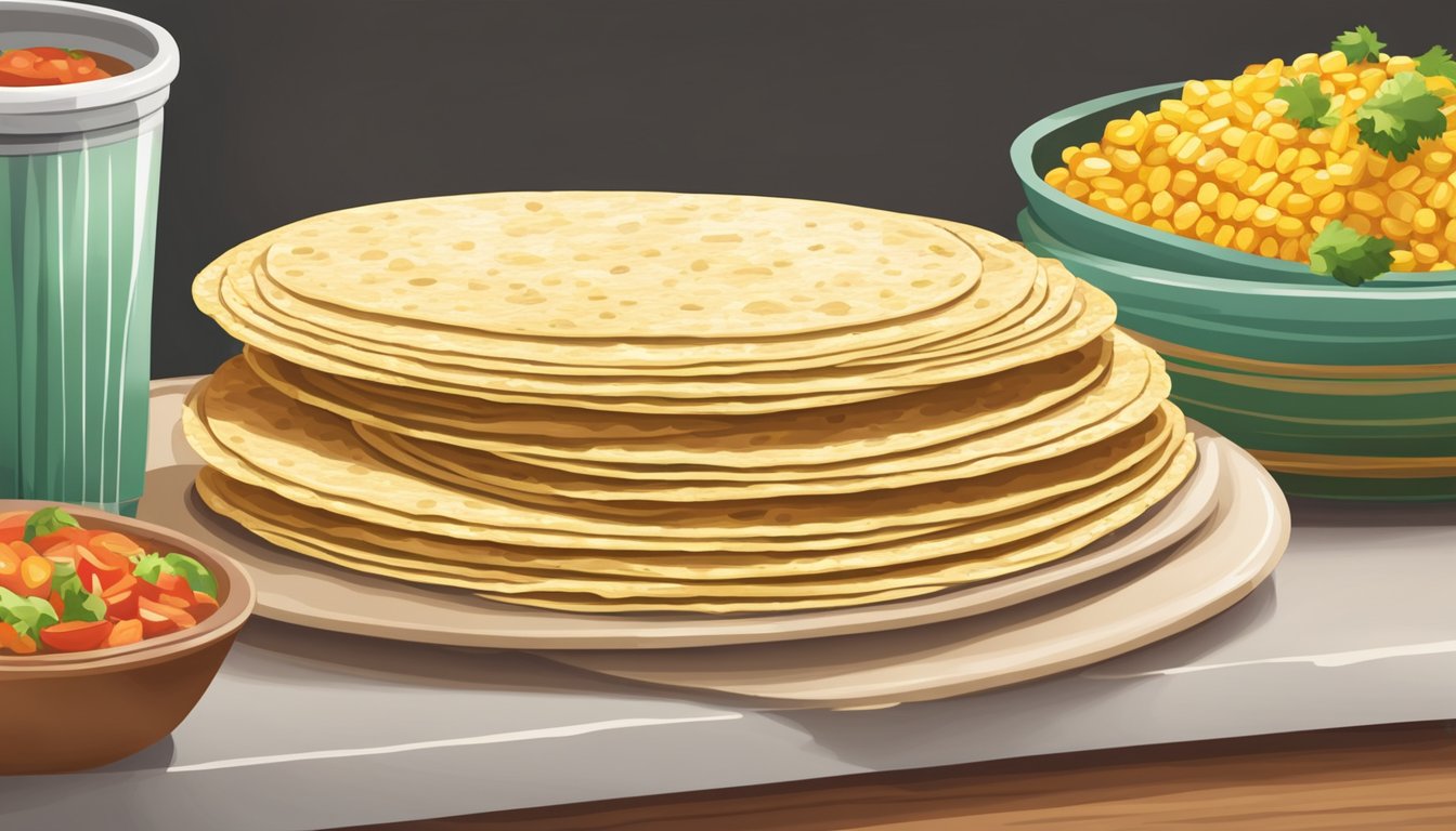 A stack of fresh corn tortillas, tightly wrapped in plastic, sitting on a kitchen counter next to a bowl of salsa and a plate of tacos