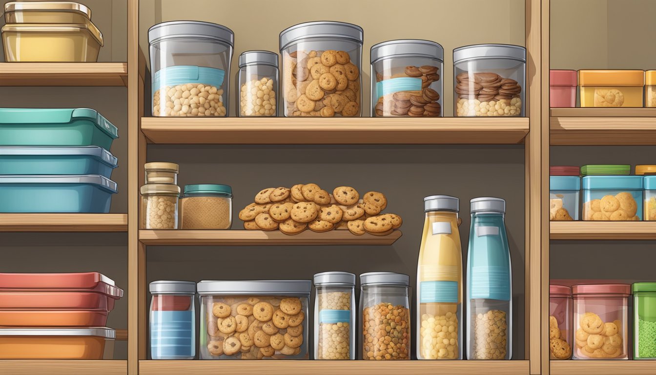 A pantry shelf with a box of Cookie Crisp cereal, surrounded by other dry goods and storage containers