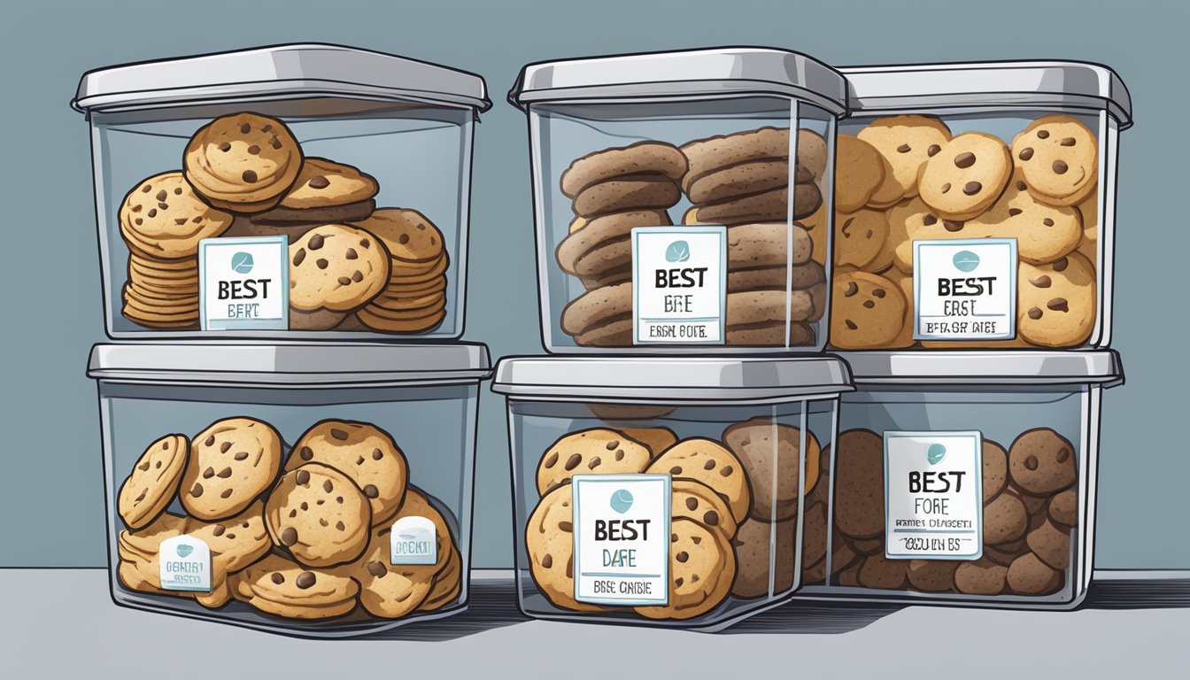 A variety of cookies arranged in airtight containers with a "best before" date label visible