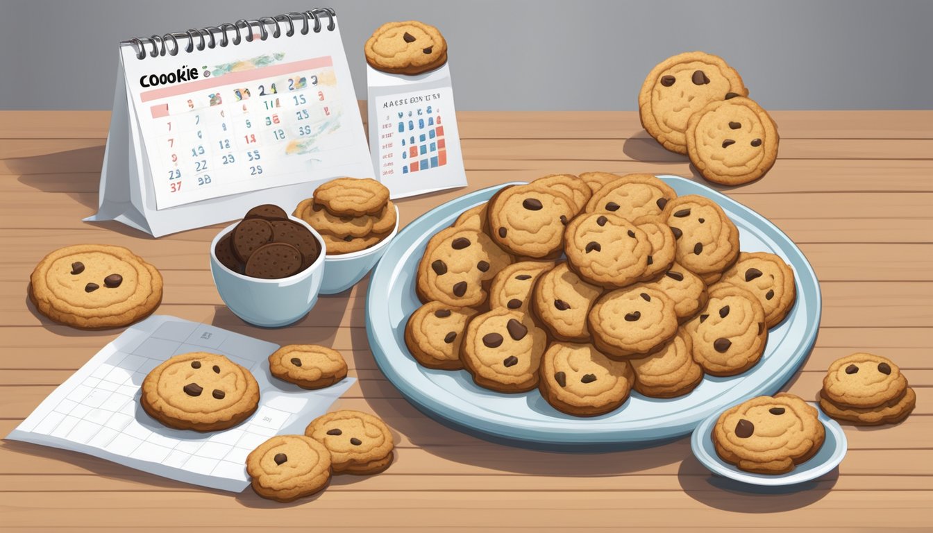 A variety of cookie types, including Cookie Crisp, arranged on a table with a calendar showing different expiration dates