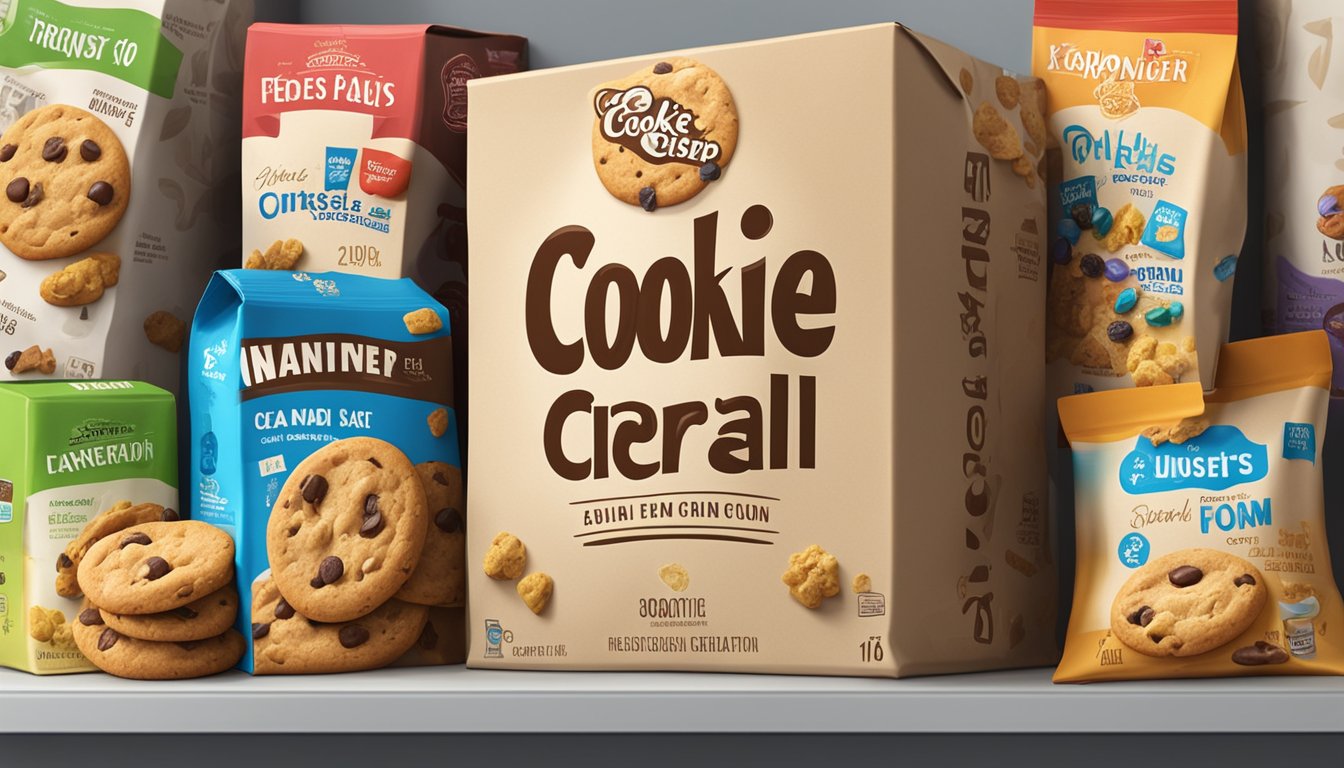 A box of Cookie Crisp cereal sits on a pantry shelf, surrounded by other food items. The expiration date is visible on the packaging