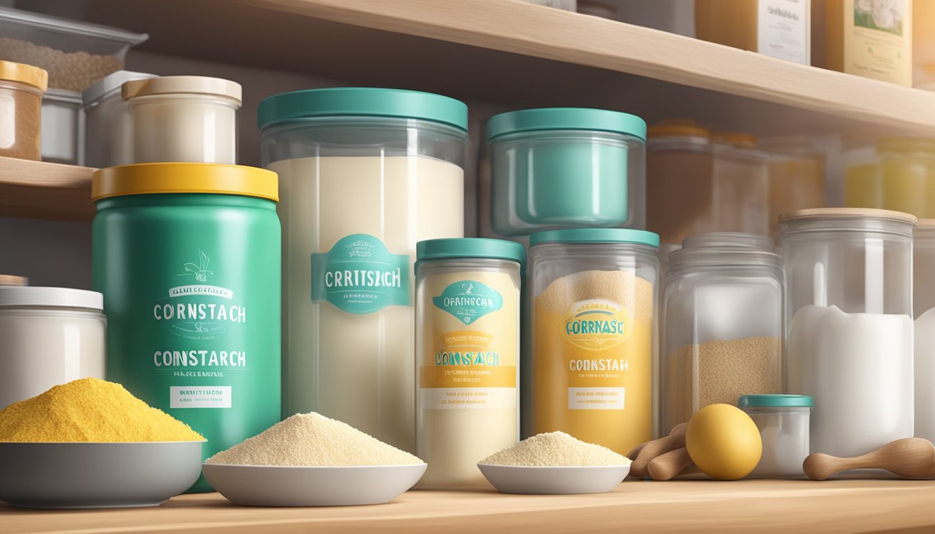 A clear, unopened container of cornstarch sits on a pantry shelf, surrounded by other baking ingredients