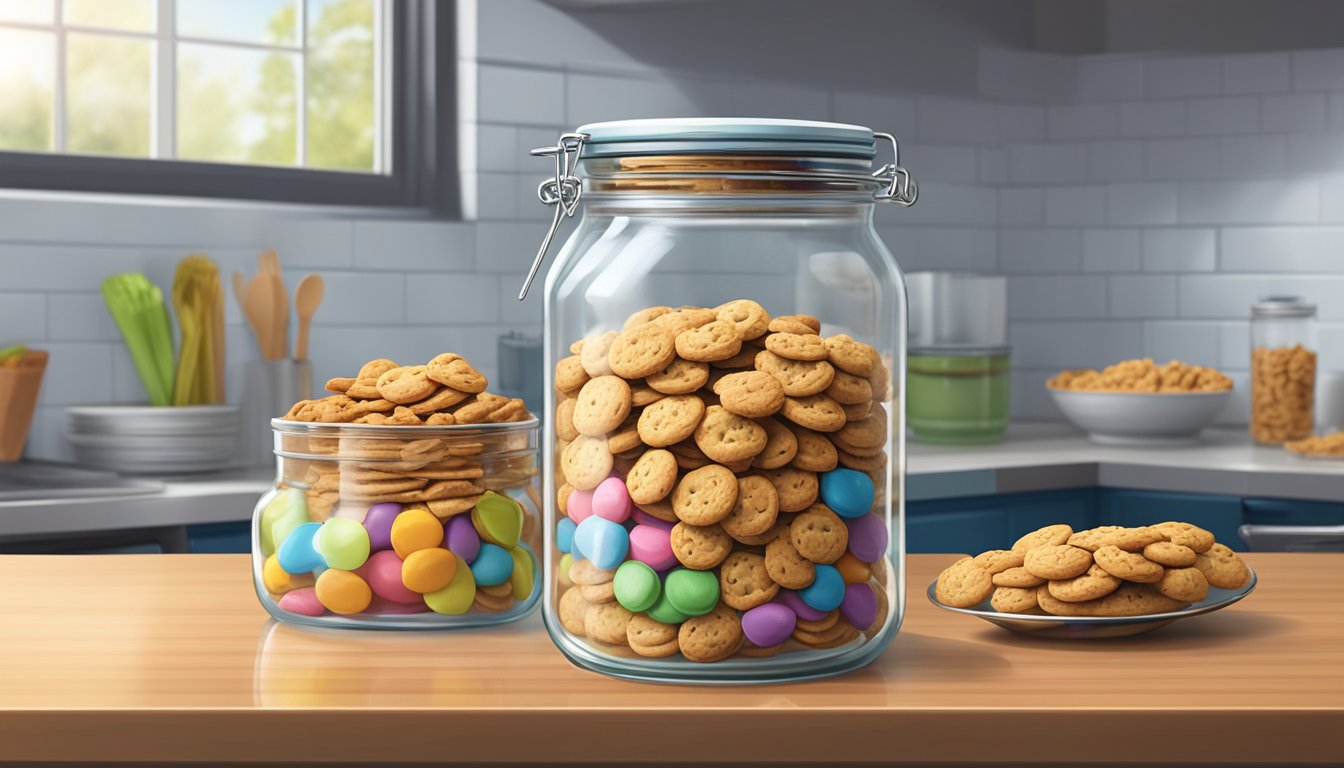 A glass jar filled with freshly baked Cookie Crisp cereal, sealed with a metal lid, sitting on a kitchen counter next to a stack of colorful recipe books