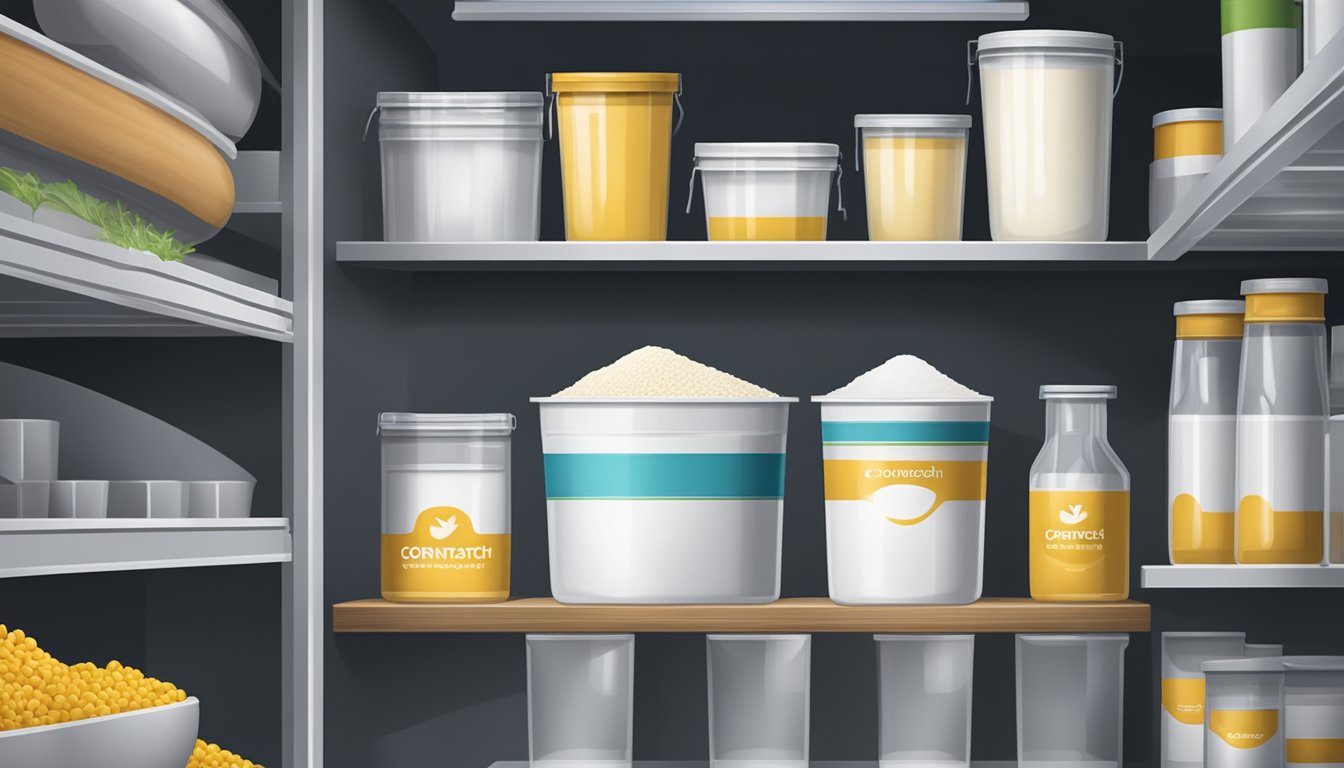 A sealed container of cornstarch sits on a clean, dry shelf in a cool, dark pantry