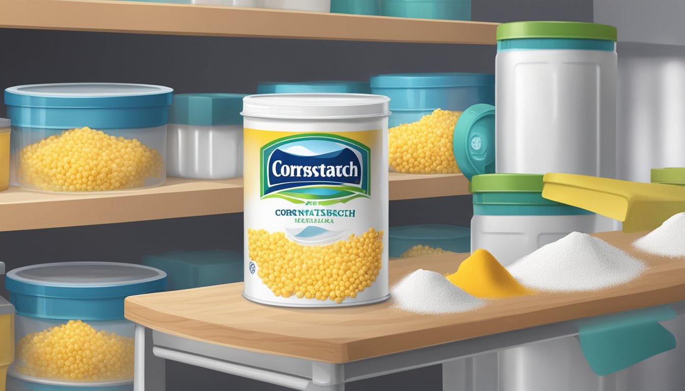 A sealed container of cornstarch sits on a pantry shelf, with a best-by date visible. A small pile of cornstarch spills out, showing its texture