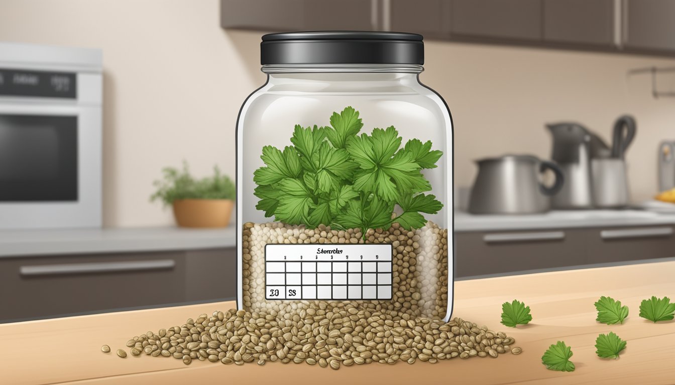 Coriander seeds in a glass jar on a kitchen counter, with a calendar showing the current date in the background