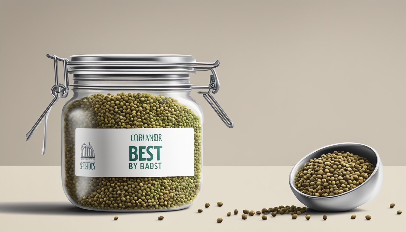 A jar of coriander seeds with a "best by" date label, surrounded by a few seeds starting to mold