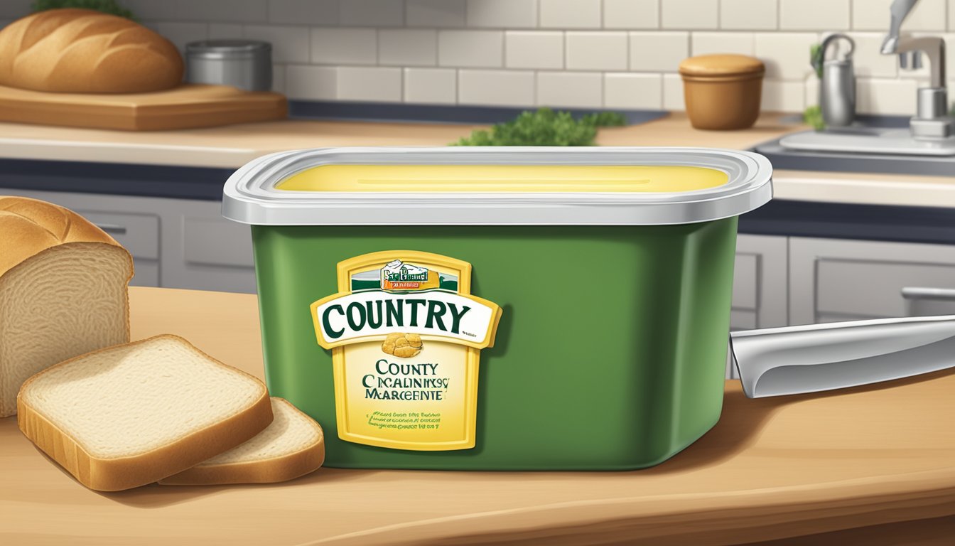 A tub of Country Crock Margarine sits on a kitchen counter, next to a loaf of bread and a knife. The lid is slightly ajar, indicating recent use