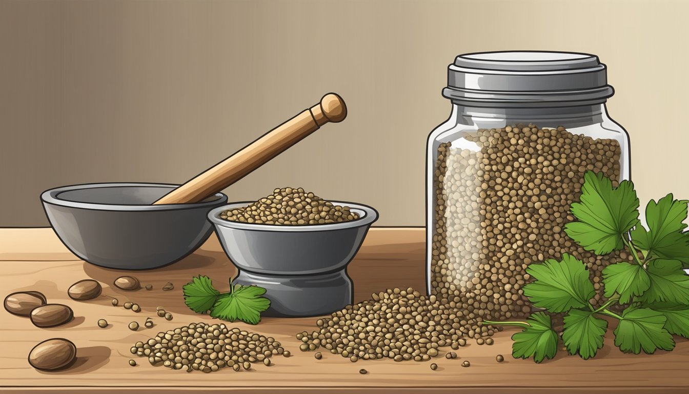 A small jar of coriander seeds sits on a kitchen counter, next to a mortar and pestle. The seeds are dry and whole, with a few scattered on the counter