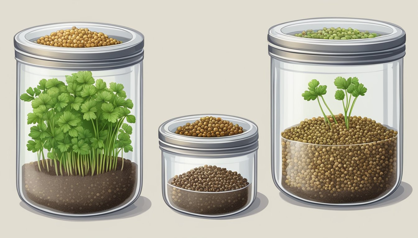 Coriander seeds in various stages: from planting to sprouting, growing into mature plants, producing seeds, and finally, seeds stored in airtight container