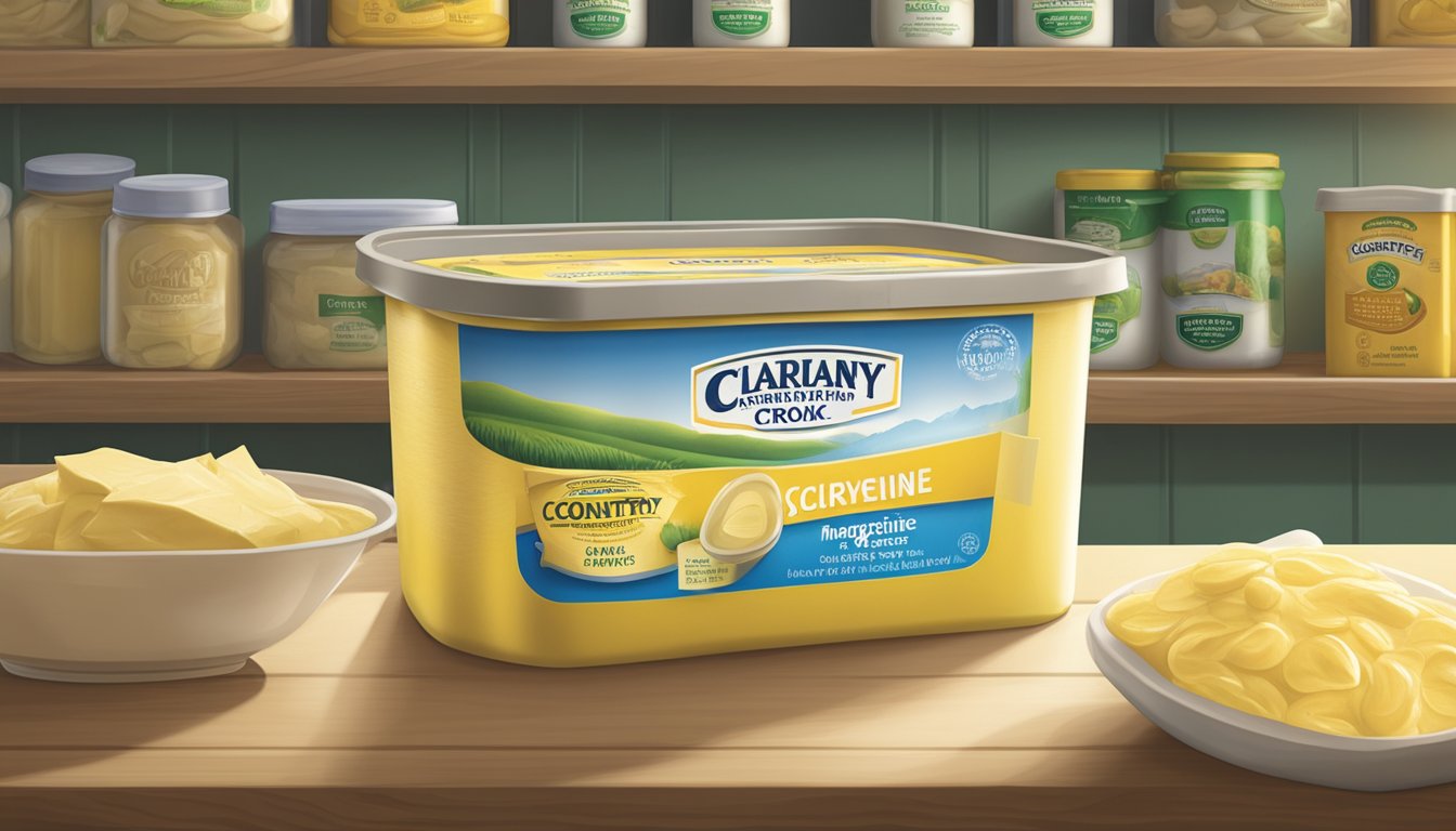 A tub of Country Crock Margarine sits sealed in a cool, dry pantry, away from direct sunlight and heat sources