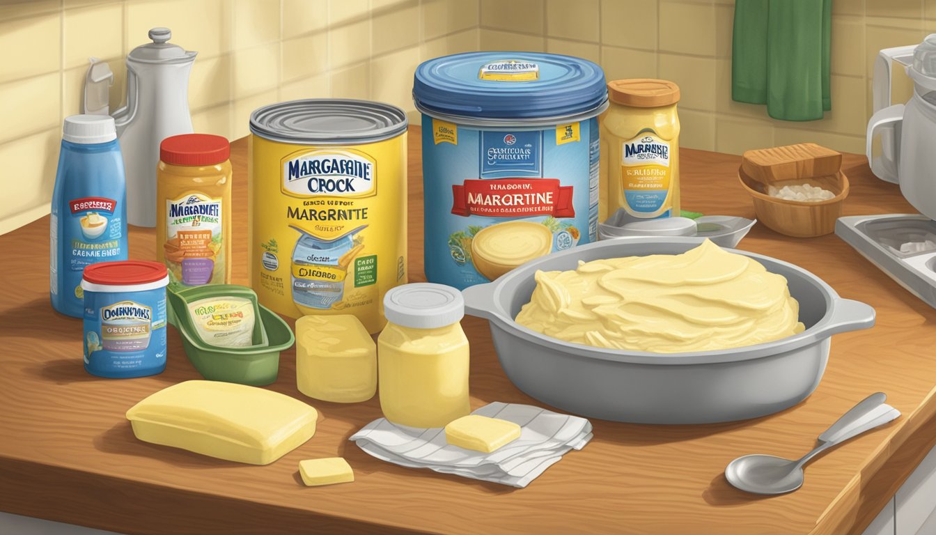 A tub of Country Crock margarine sits on a kitchen counter, surrounded by various food items and utensils. The margarine appears partially melted and discolored, indicating spoilage