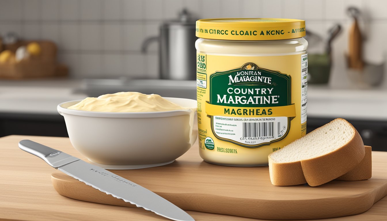 A tub of Country Crock Margarine sits on a kitchen counter, next to a loaf of bread and a knife. The label prominently displays the nutritional information and expiration date