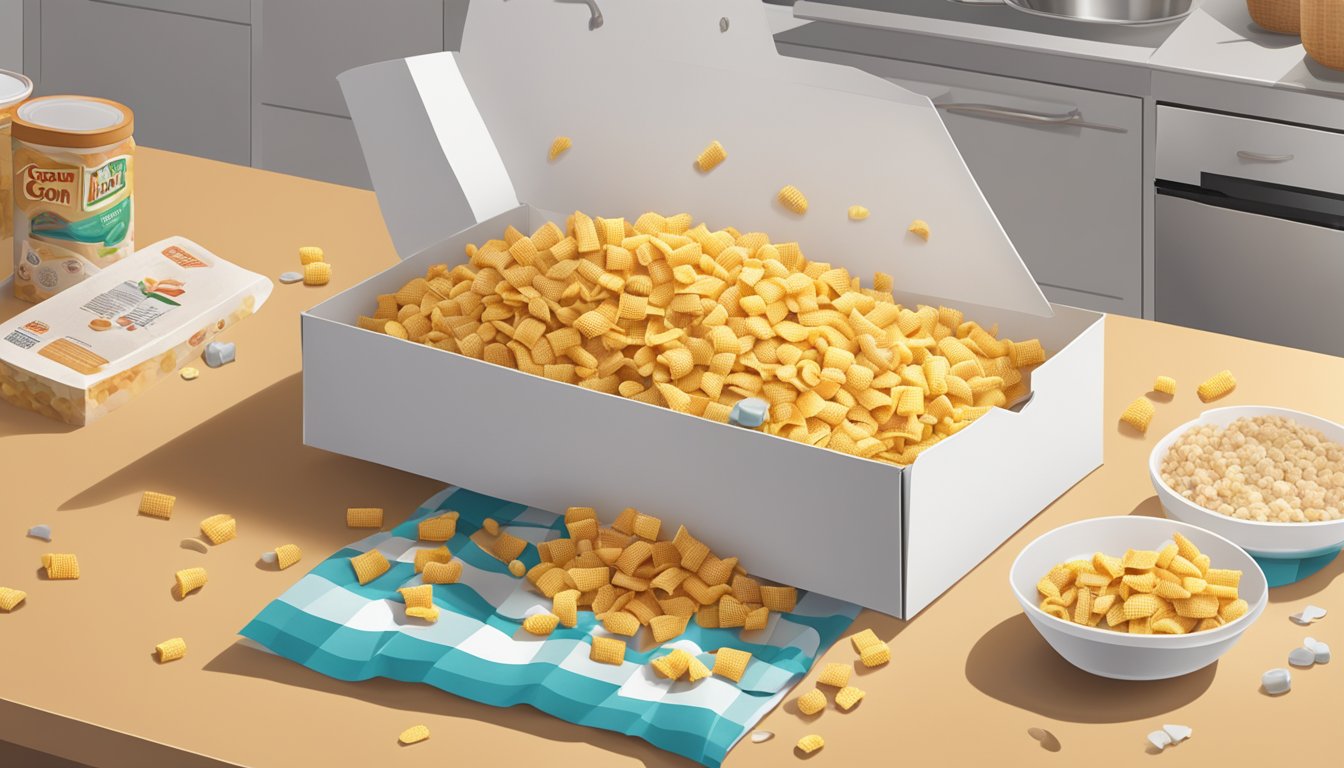 A box of Corn Chex sits on a kitchen counter, surrounded by a few loose pieces of cereal. The box is open, with a few scattered crumbs around it