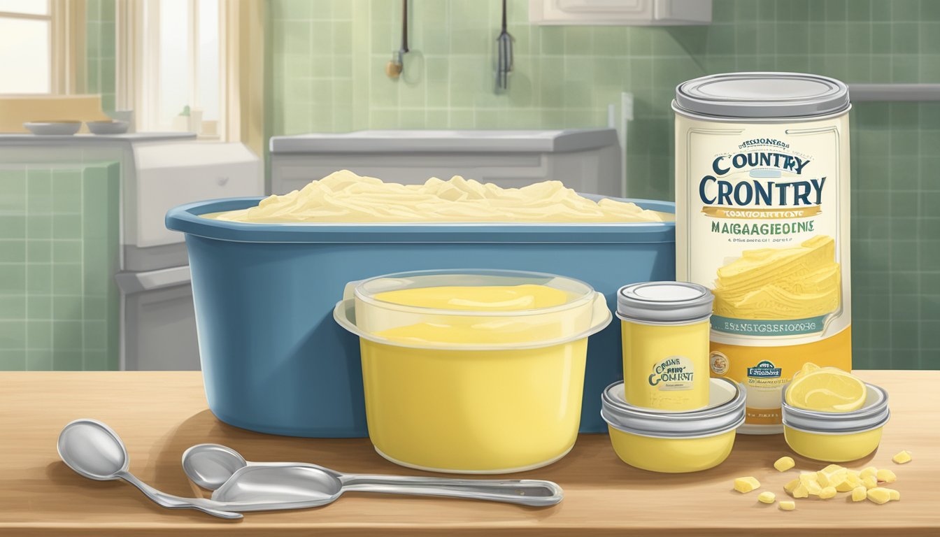 A tub of Country Crock Margarine sits on a kitchen counter, surrounded by a mixing bowl, measuring spoons, and a recipe book