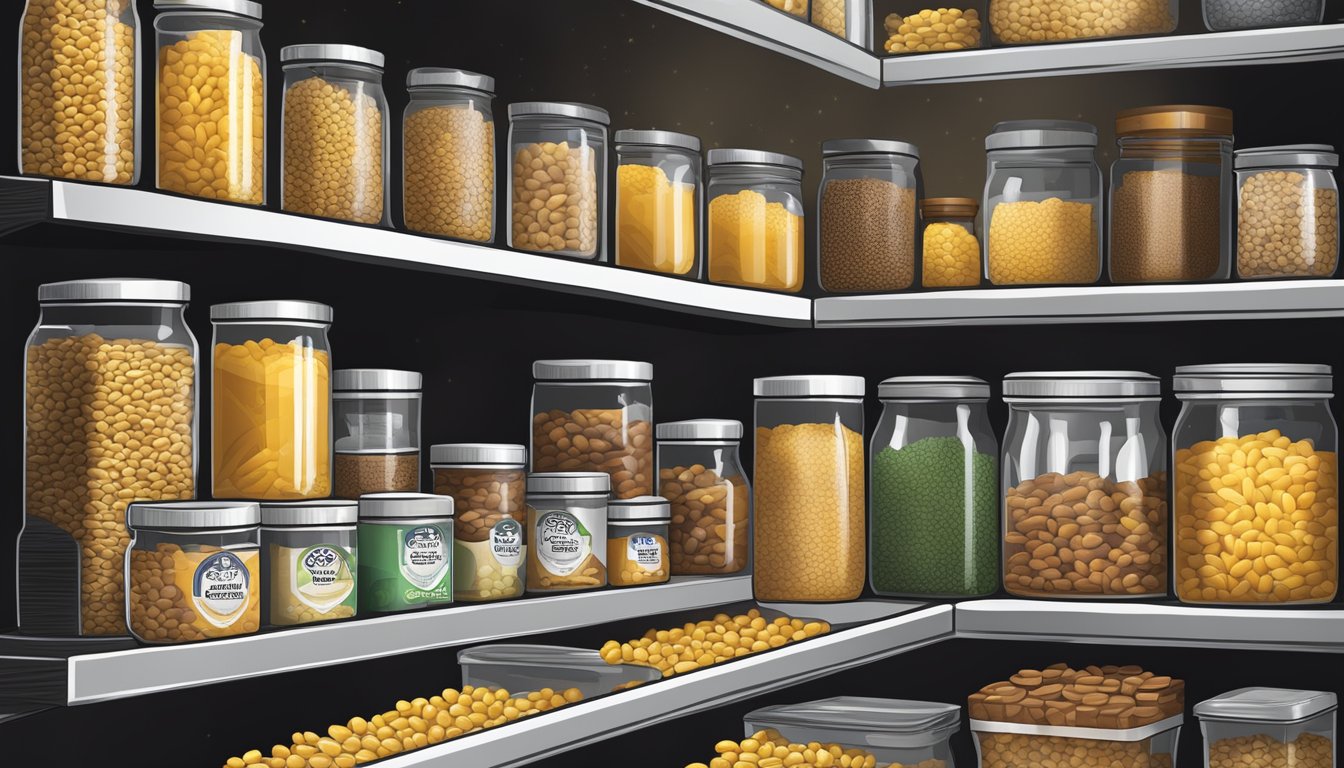 A pantry shelf with a box of Corn Chex cereal, surrounded by other dry goods, in a cool, dry, and dark environment