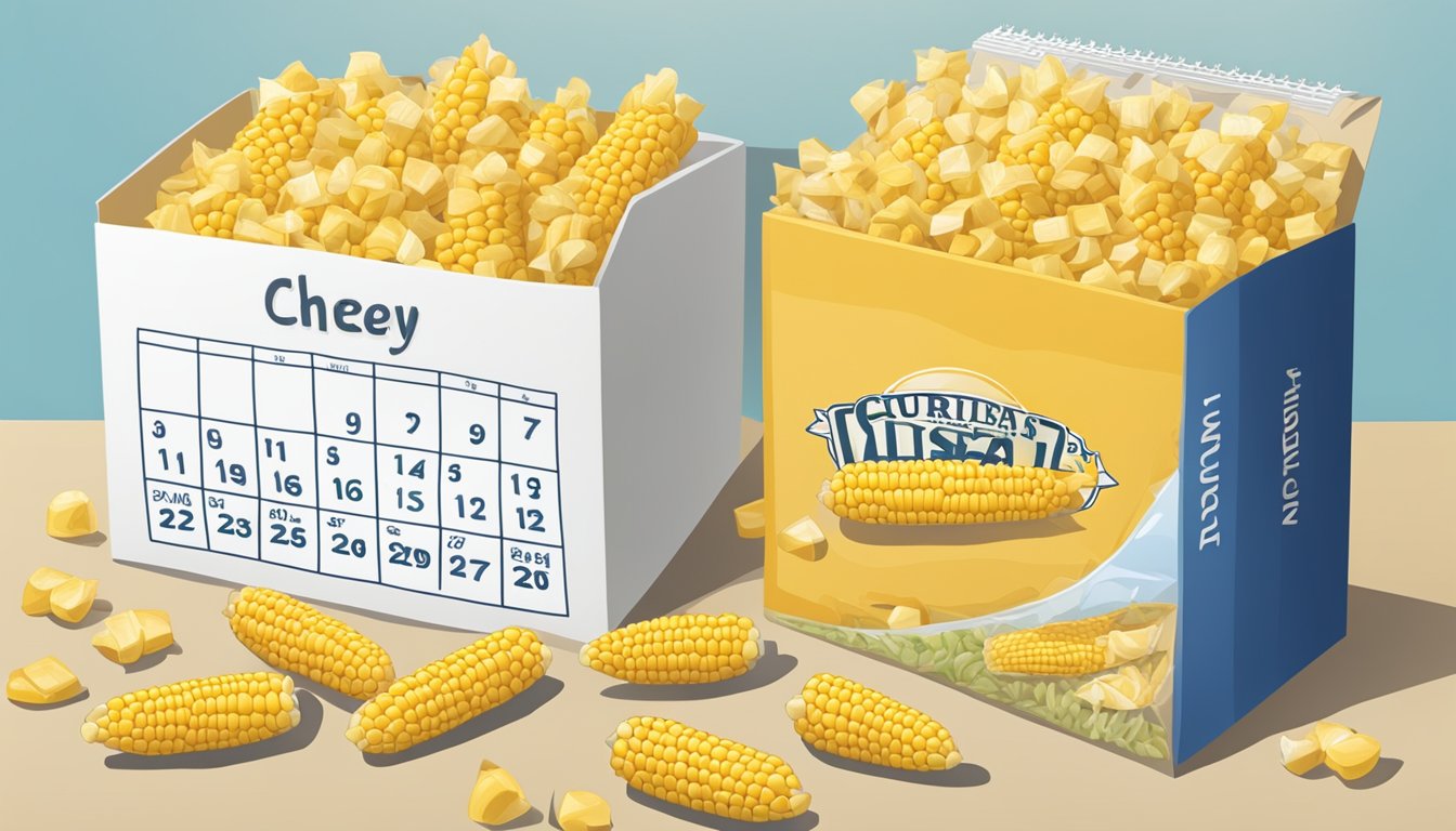 A box of Corn Chex sealed in plastic, surrounded by fresh corn and a calendar showing the current date