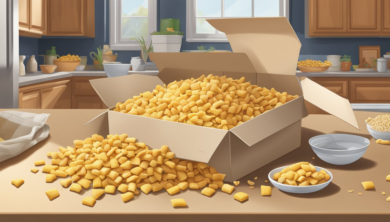 A box of Corn Chex sits open on a kitchen counter, surrounded by scattered cereal pieces. Some pieces appear stale and discolored, hinting at spoilage