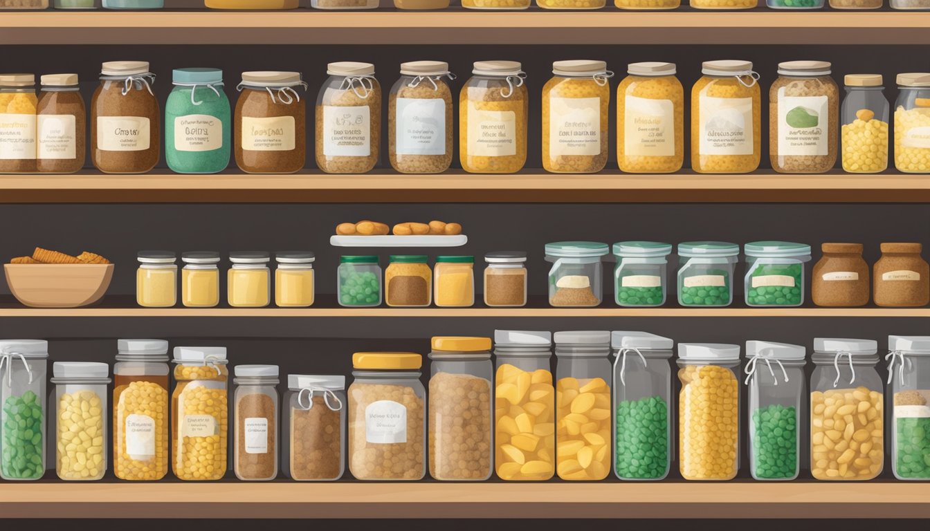 A pantry shelf with neatly arranged jars and bags of homemade and pre-packaged mixes, including a box of Corn Chex with a visible expiration date