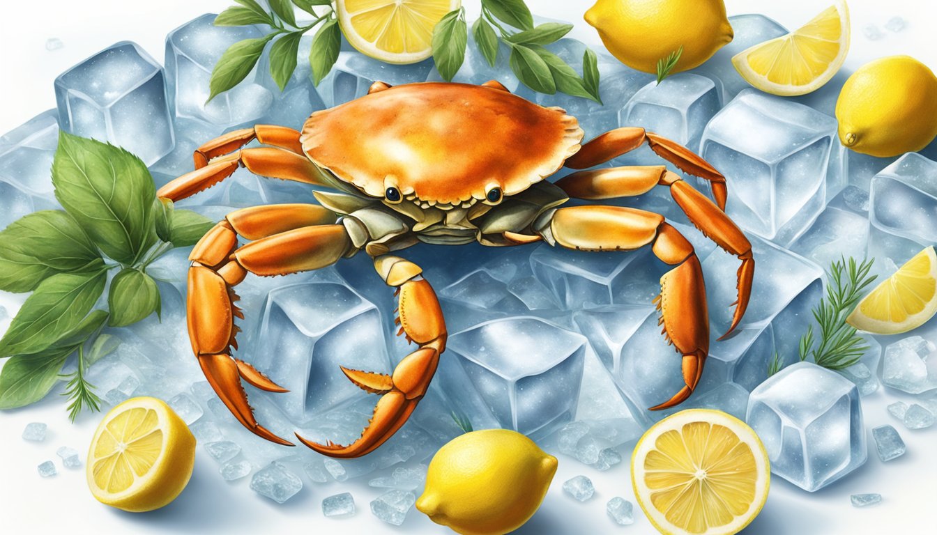 A crab sits on a bed of ice, surrounded by lemons and herbs. Its shell is shiny and intact, exuding a sense of freshness