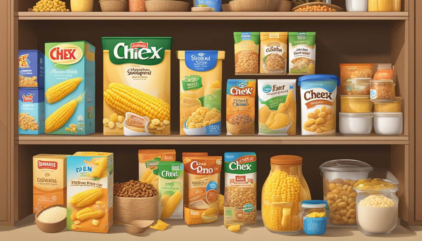 A box of Corn Chex sits on a pantry shelf, surrounded by other cereal boxes and various food storage containers