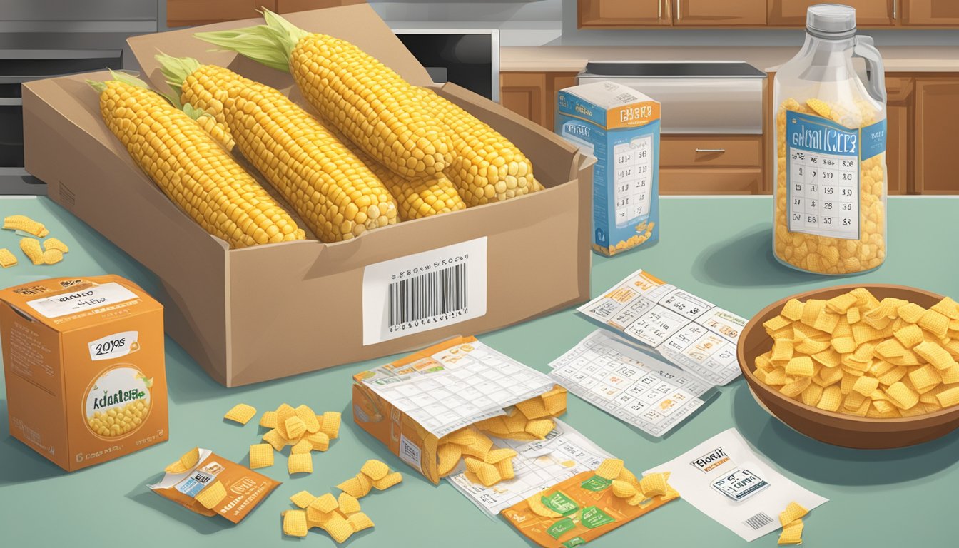 A box of Corn Chex sits on a kitchen counter, surrounded by various expiration date labels and a calendar