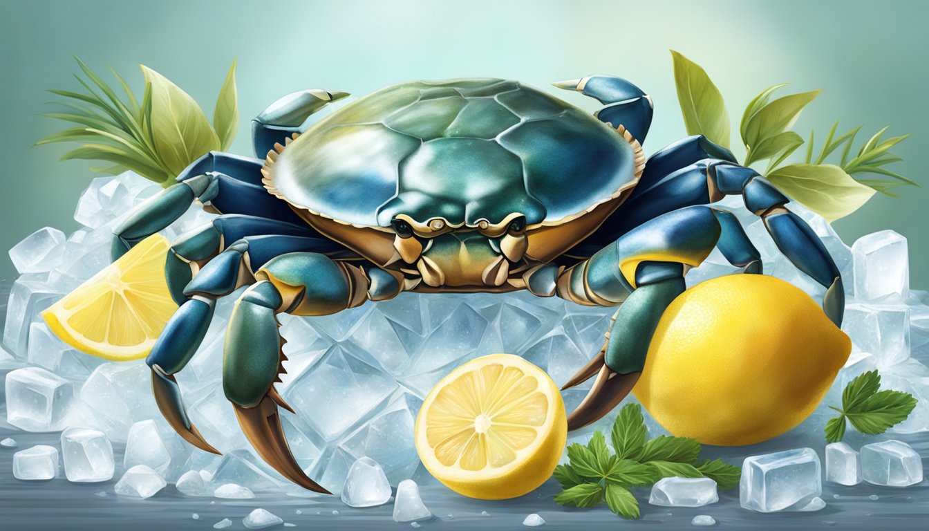 A crab sits on a bed of ice, surrounded by lemon wedges and fresh herbs. The shell is shiny and the meat looks firm and succulent