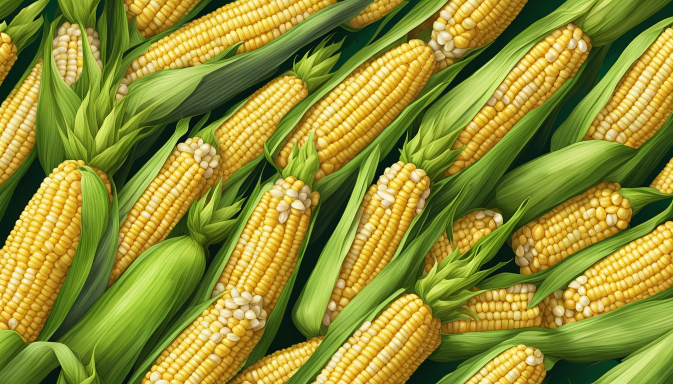 A pile of fresh corn on the cob, with vibrant green husks and golden kernels, arranged neatly on a wooden table