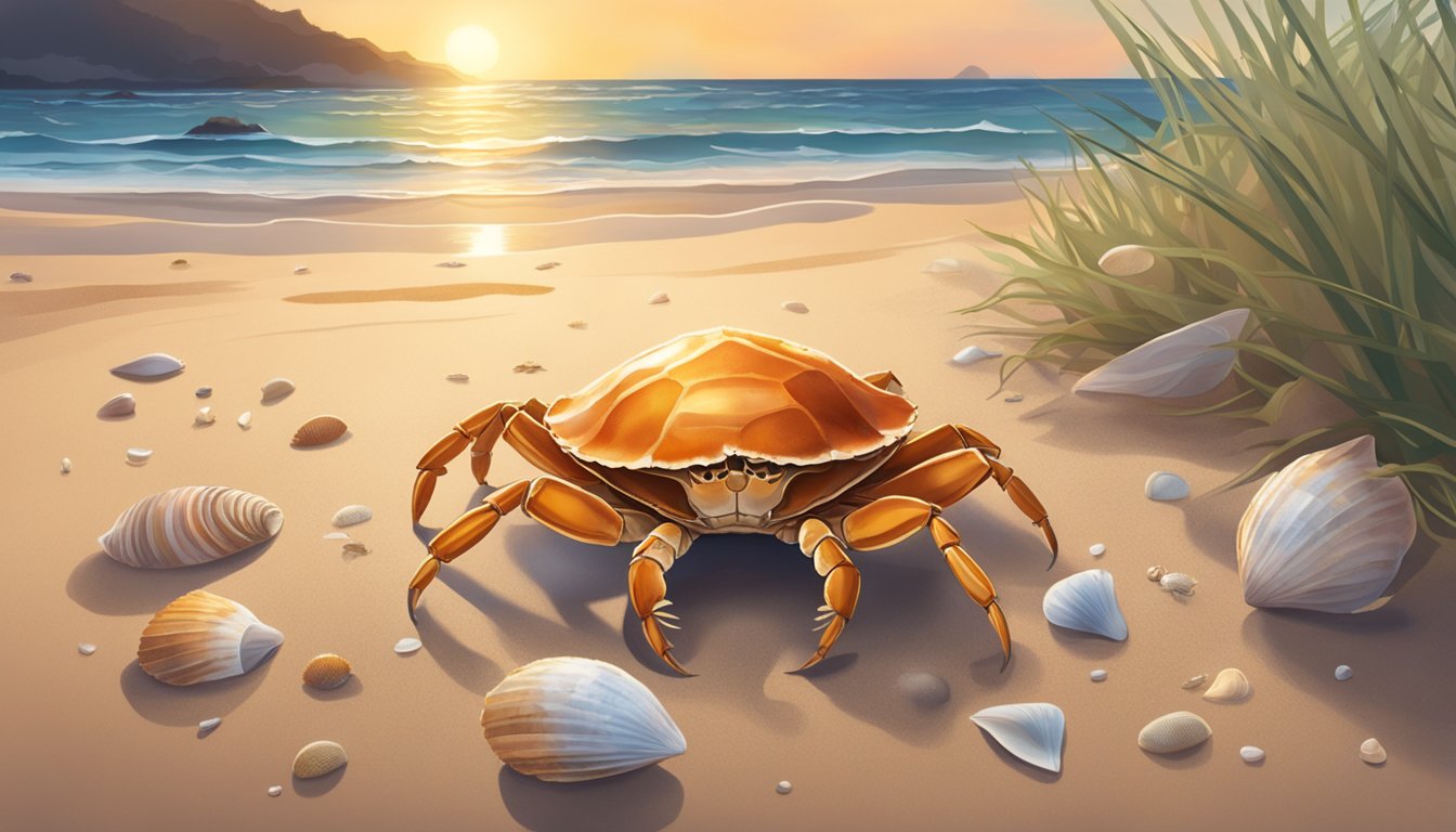 A crab shell sits on a sandy beach, surrounded by scattered seashells and seaweed. The sun sets in the distance, casting a warm glow over the scene