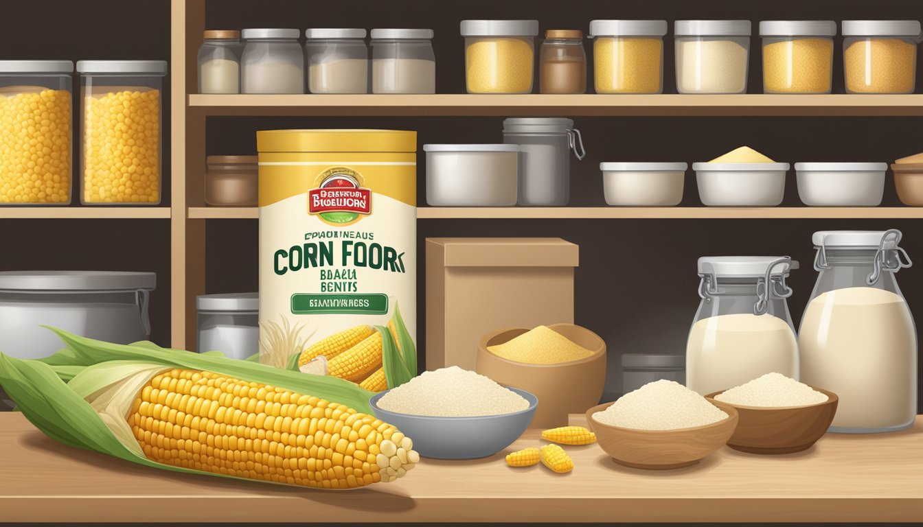 A sealed bag of corn flour sits on a pantry shelf, surrounded by other baking ingredients. The expiration date is clearly visible on the packaging