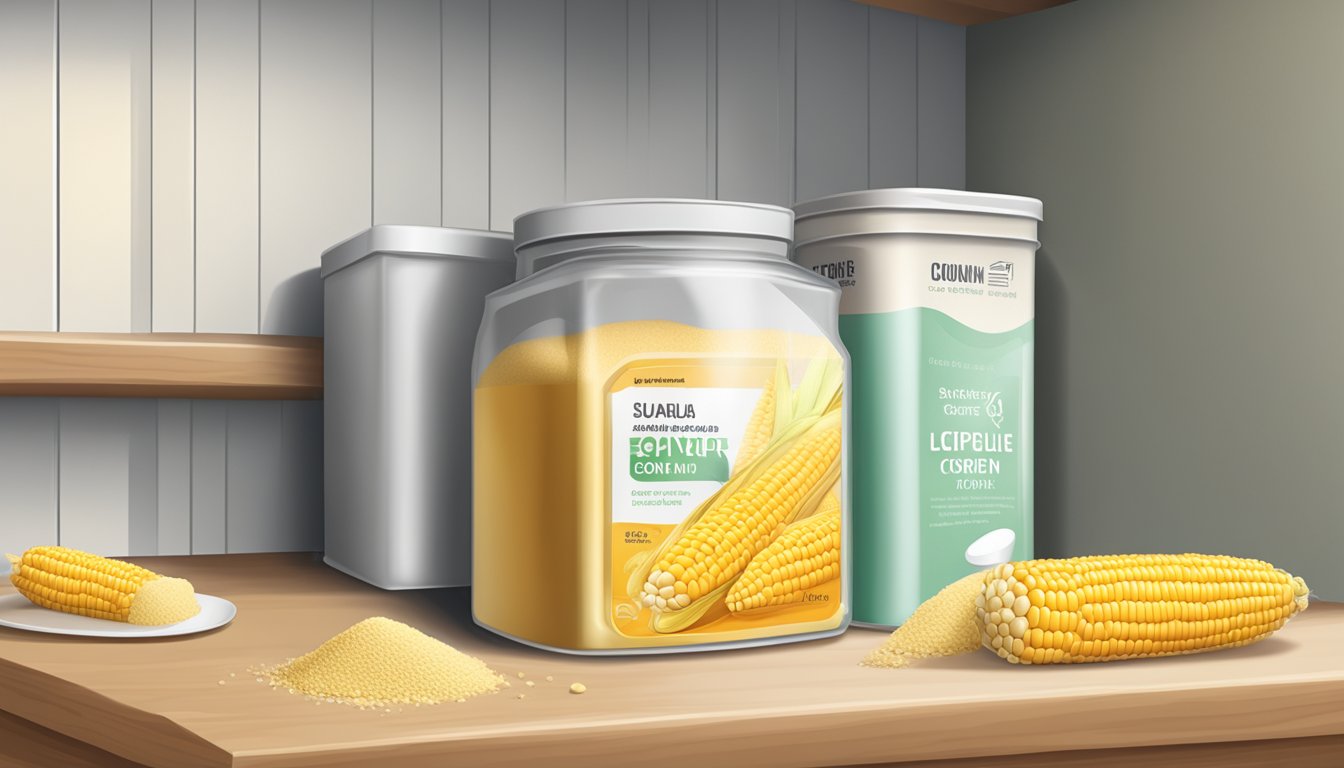 A sealed container of corn flour on a pantry shelf, with a visible expiration date