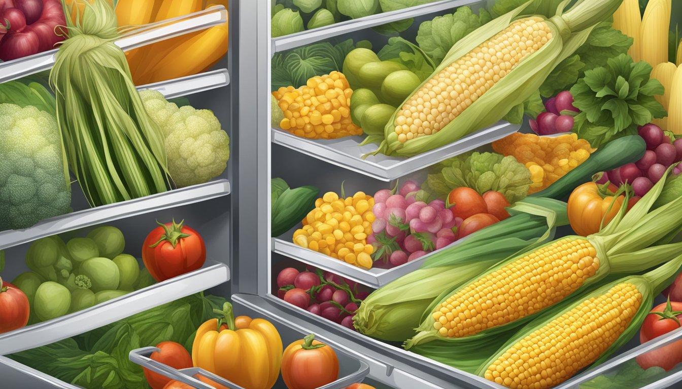 A fresh ear of corn stored in a refrigerator, surrounded by other vegetables and fruits