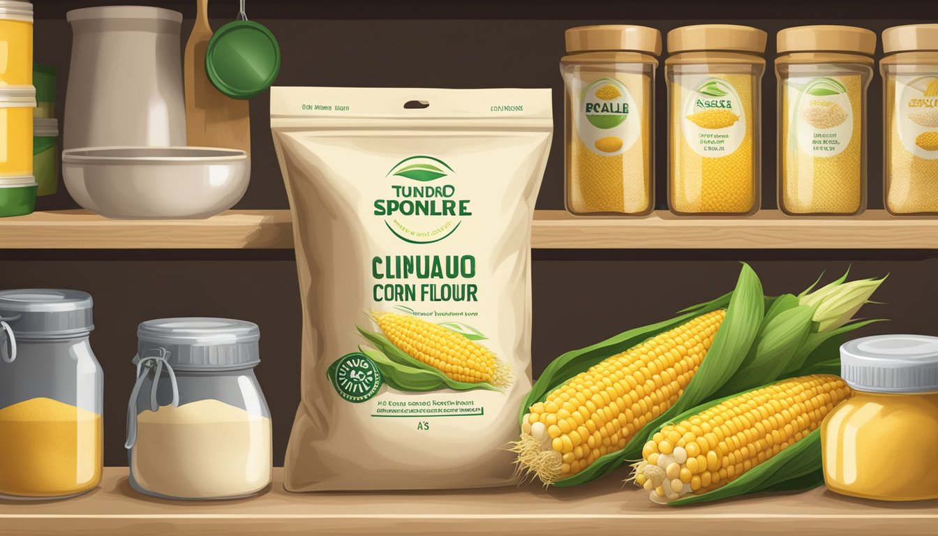 A bag of corn flour sits on a kitchen shelf, surrounded by other pantry items. The expiration date is visible on the packaging