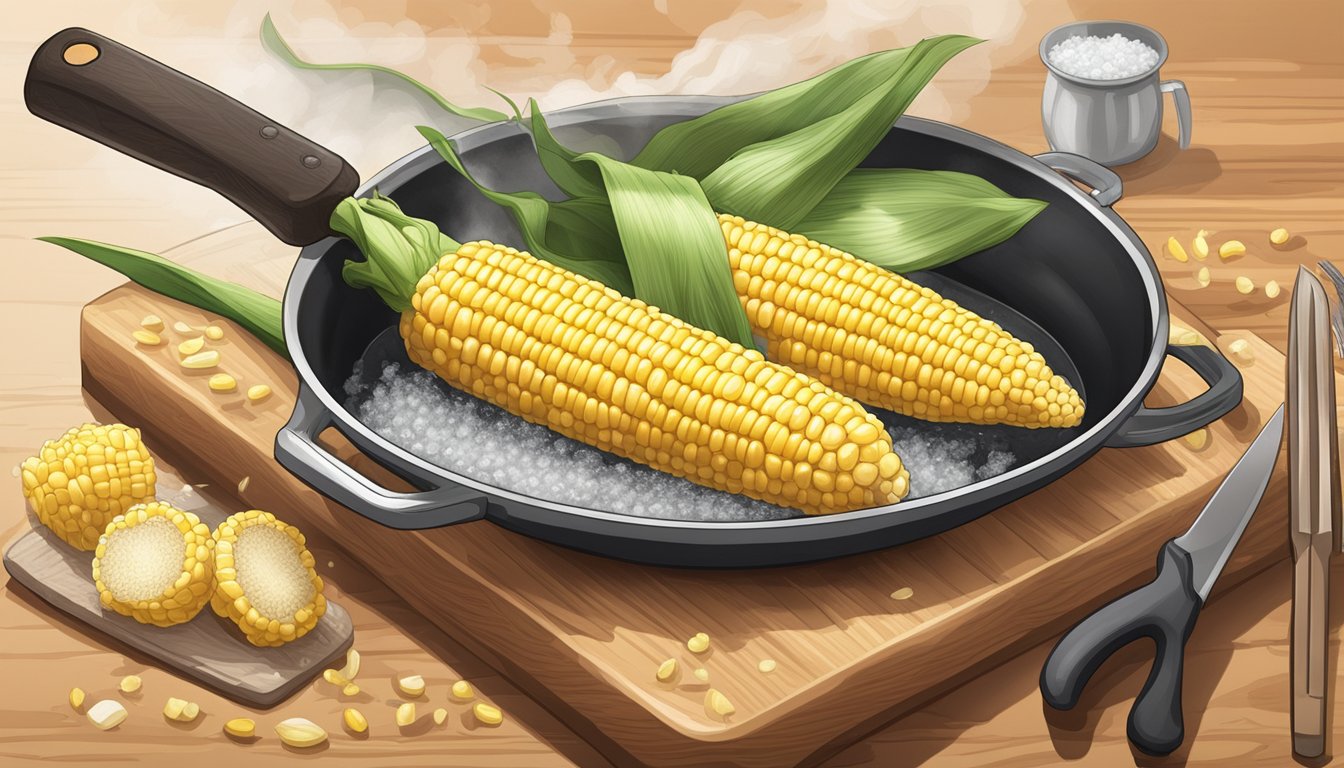 A fresh ear of corn sits on a cutting board next to a knife and a pot of boiling water. Steam rises as the corn is being shucked and prepared for cooking