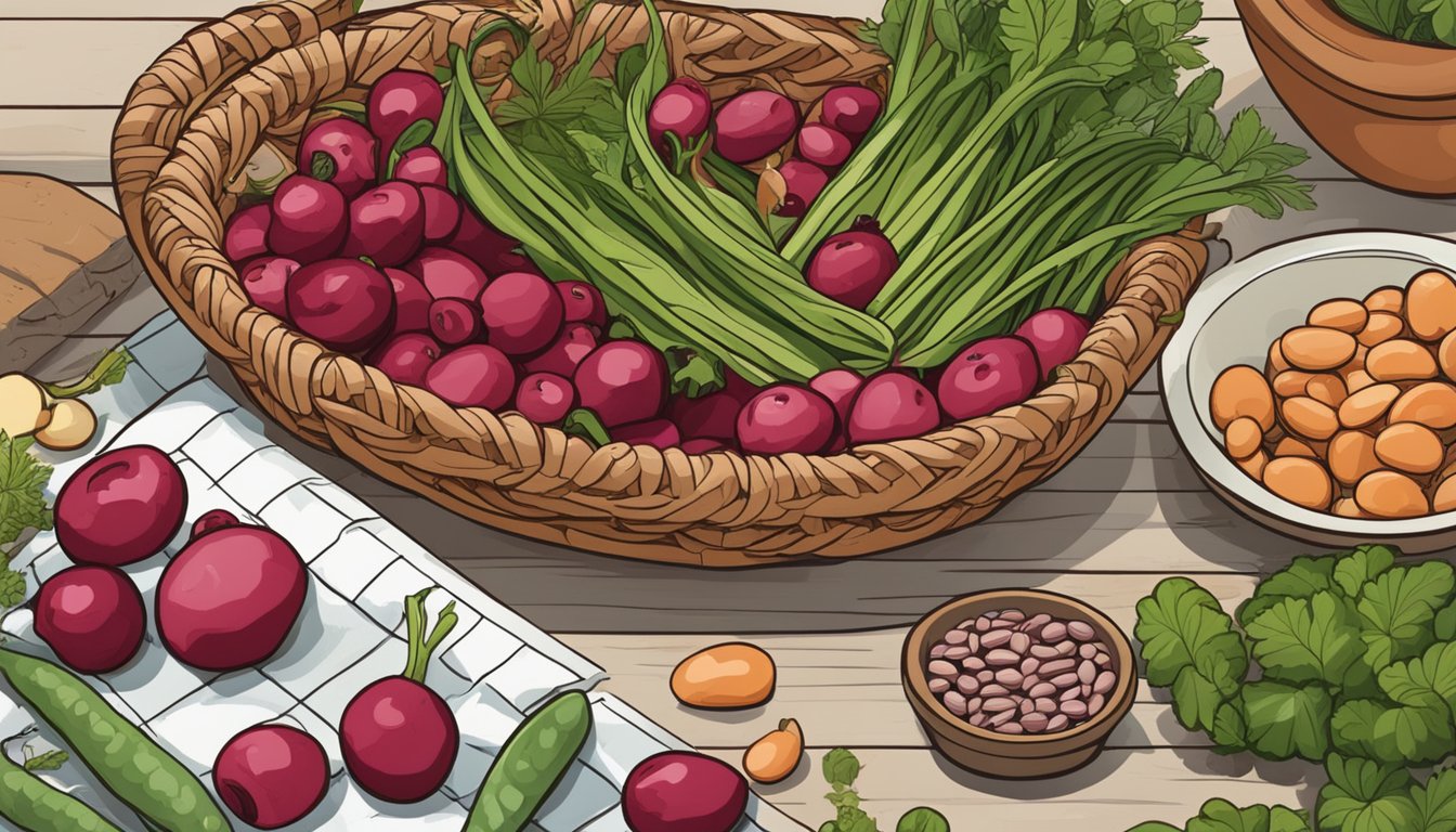 A basket of cranberry beans sits on a wooden table, surrounded by various fresh vegetables and herbs. A calendar on the wall indicates the current date