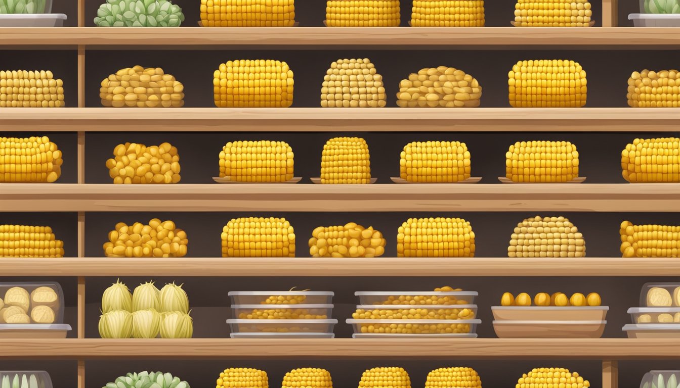 A well-stocked pantry with rows of neatly stacked corn cobs in a dry and cool environment, sealed in airtight containers for maximum longevity