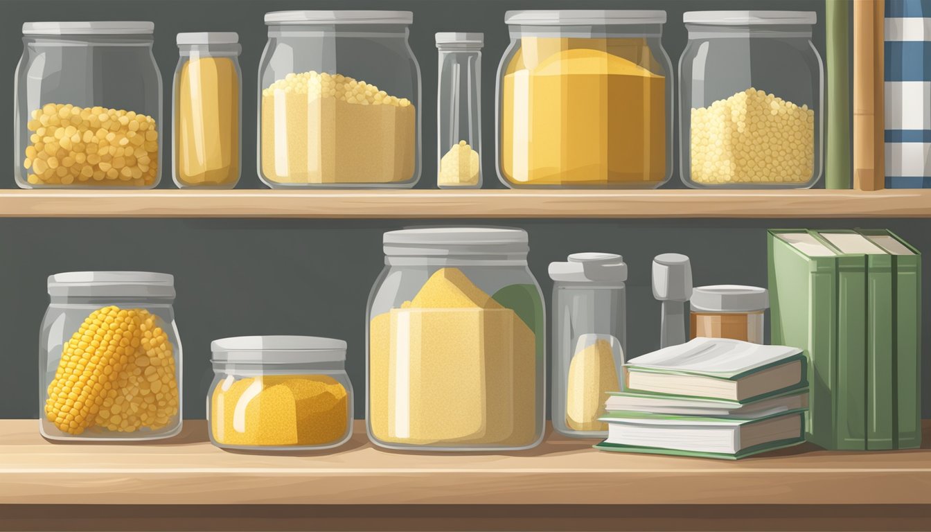 A pantry shelf with a clear jar of corn flour, next to a stack of recipe books and a measuring cup