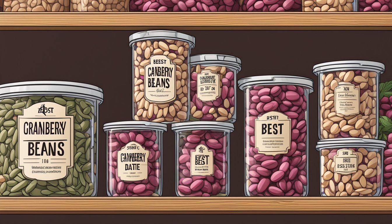 Cranberry beans in a sealed container on a pantry shelf, with a "best by" date label visible