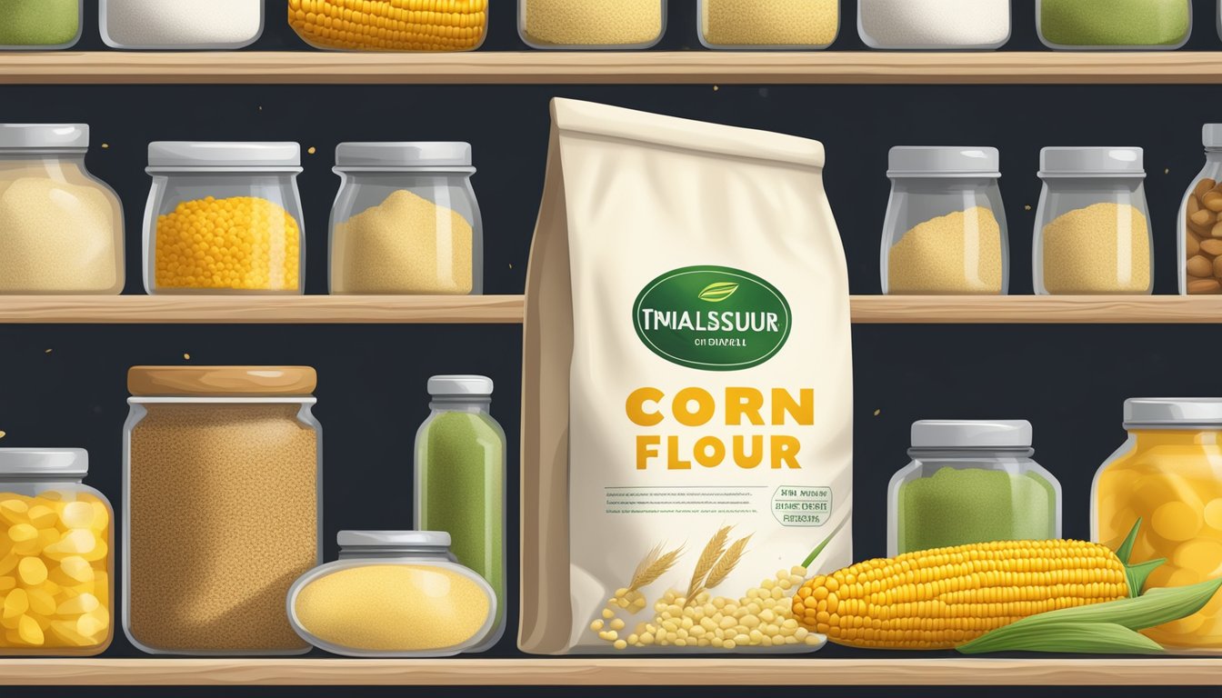 A sealed bag of corn flour on a pantry shelf, surrounded by other dry goods and preserved food items