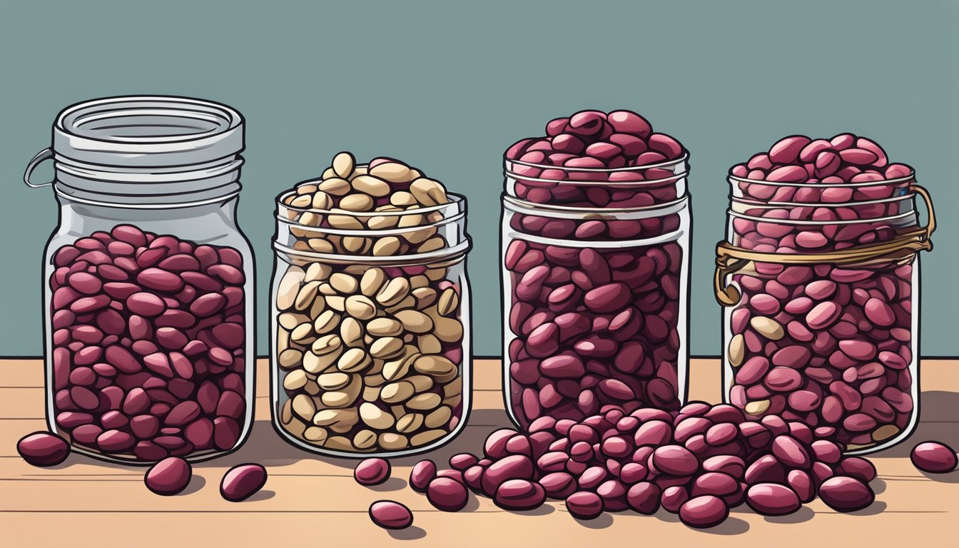 A pile of cranberry beans in various stages of freshness, from vibrant and plump to shriveled and moldy, sitting on a kitchen counter