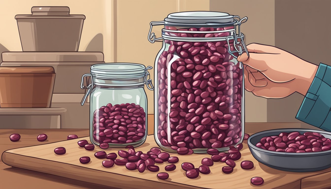 A hand pouring dried cranberry beans from a bag into a glass jar, then sealing the jar with a lid