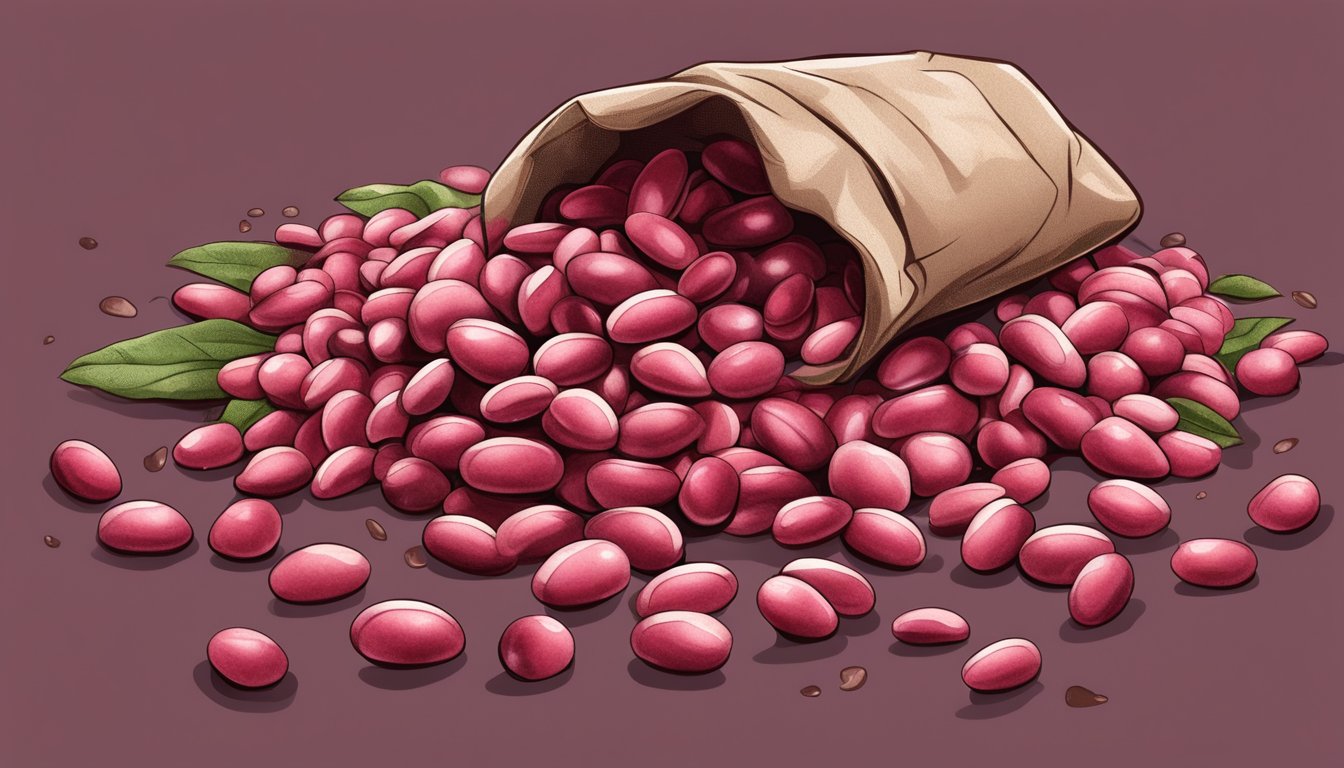 A pile of cranberry beans spilling out of a torn sack, some starting to show signs of mold and decay