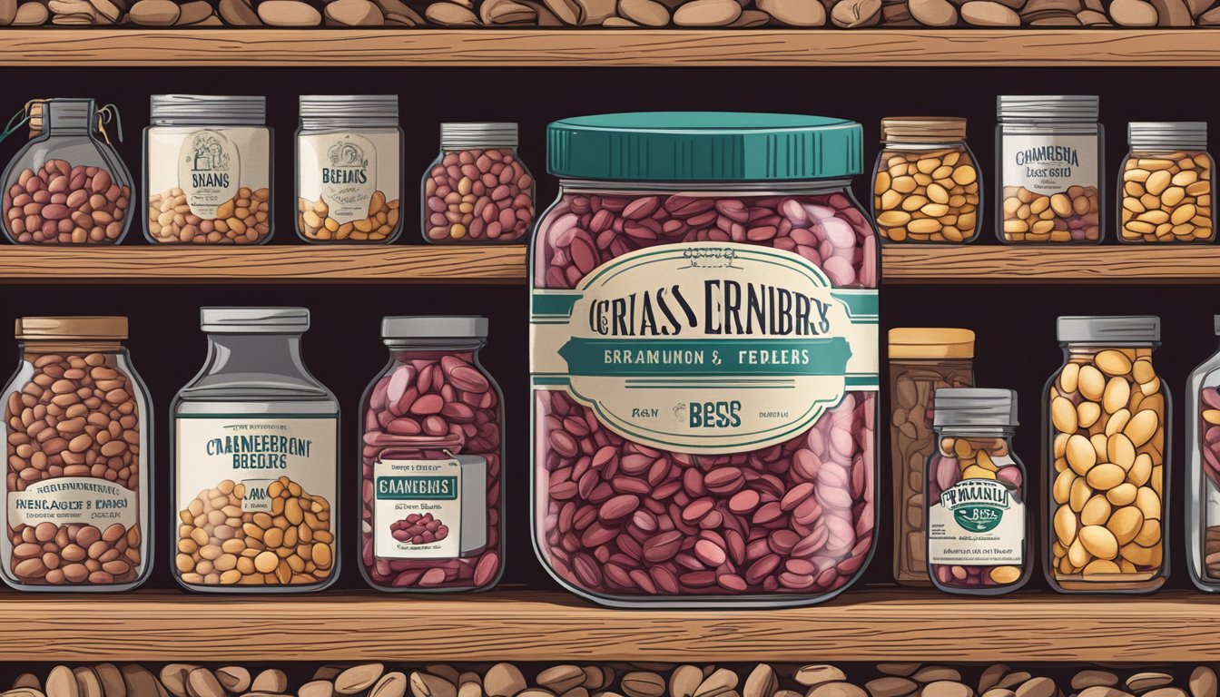 A jar of cranberry beans sits on a shelf, surrounded by other dry goods. The label displays a best before date, while the beans themselves appear fresh and unspoiled