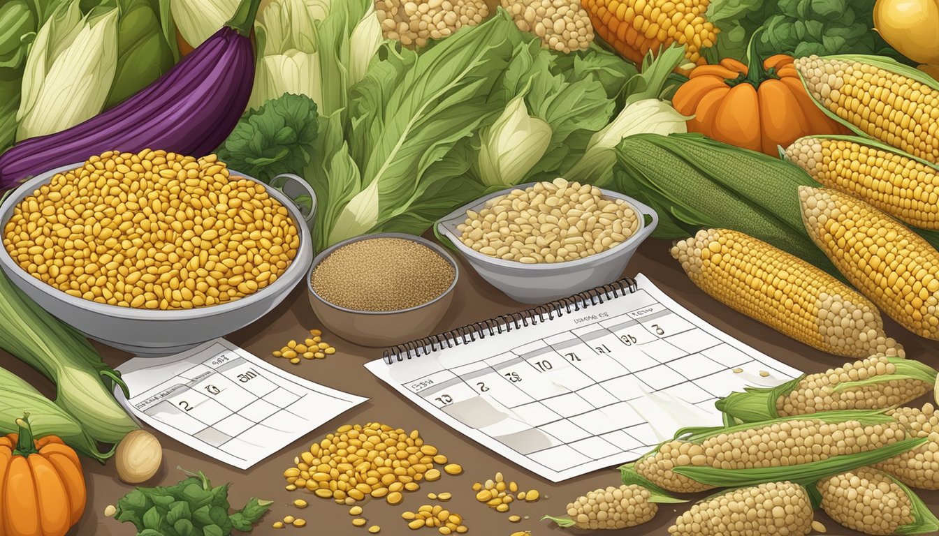 A pile of corn seeds surrounded by various other vegetable seeds, with a calendar showing the passage of time in the background