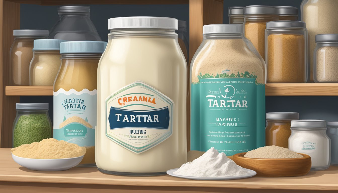 A jar of cream of tartar sits on a pantry shelf, surrounded by other baking ingredients. The label indicates the expiration date, and the jar is sealed tight