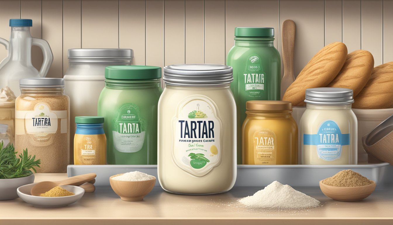 A jar of cream of tartar sits on a kitchen shelf, surrounded by other baking ingredients. The expiration date on the label is visible