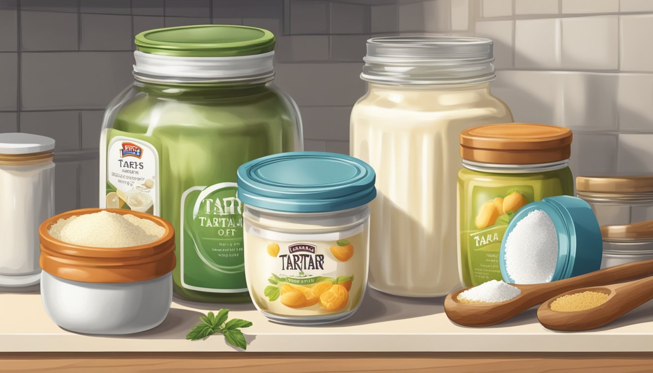 A jar of cream of tartar sits on a well-lit kitchen shelf, surrounded by other baking ingredients. The jar is sealed tightly and appears to be well-maintained