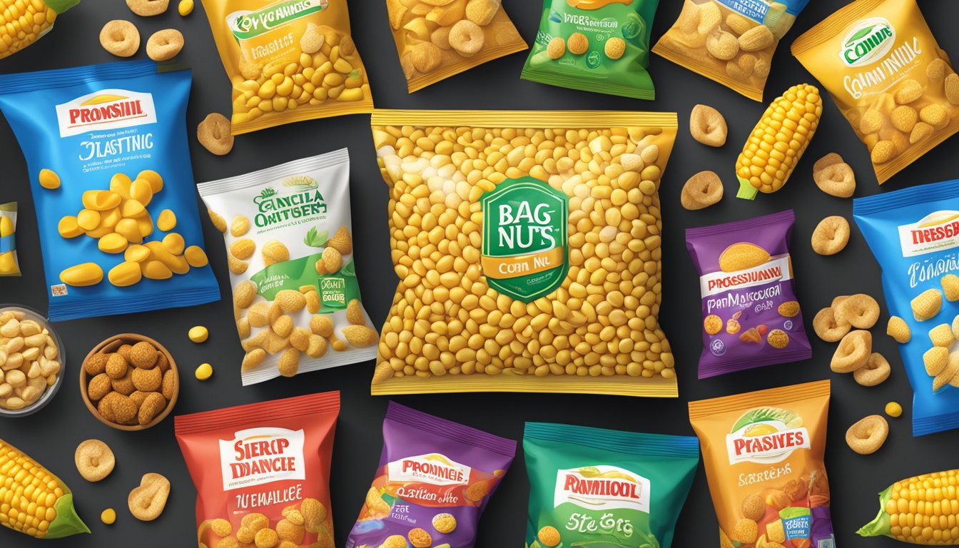 A bag of Corn Nuts sits on a shelf, surrounded by a variety of snacks. The packaging is bright and eye-catching, with the product name prominently displayed