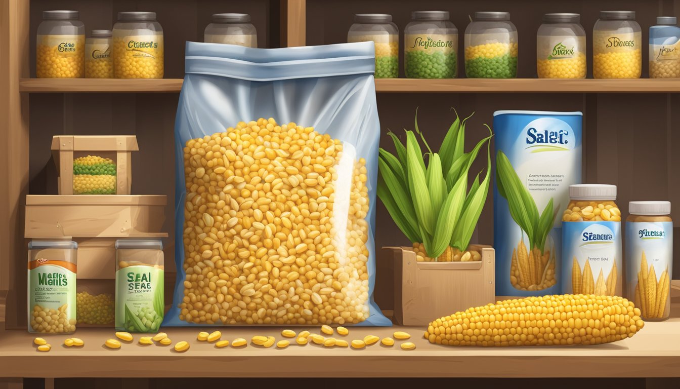 A bag of Corn Nuts sits on a shelf, surrounded by various environmental factors such as temperature, light, and humidity